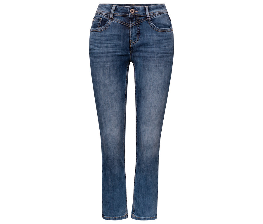 Jean 7/8 Street One « Jane » bleu moyen, avec fermeture boutonnée et zippée et poches avant visibles.