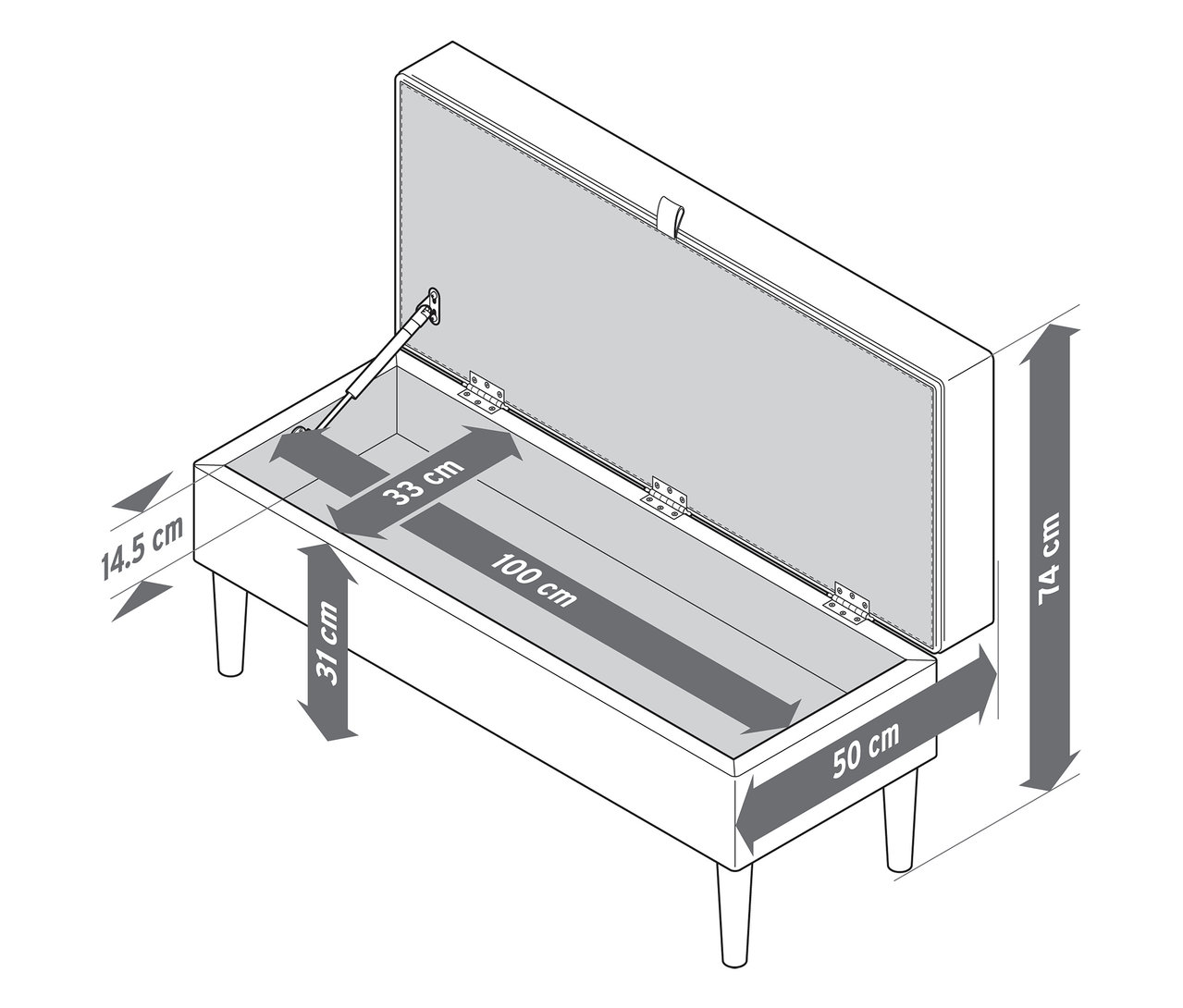 L'image montre une banquette rembourrée avec rangement, le couvercle ouvert et les dimensions.