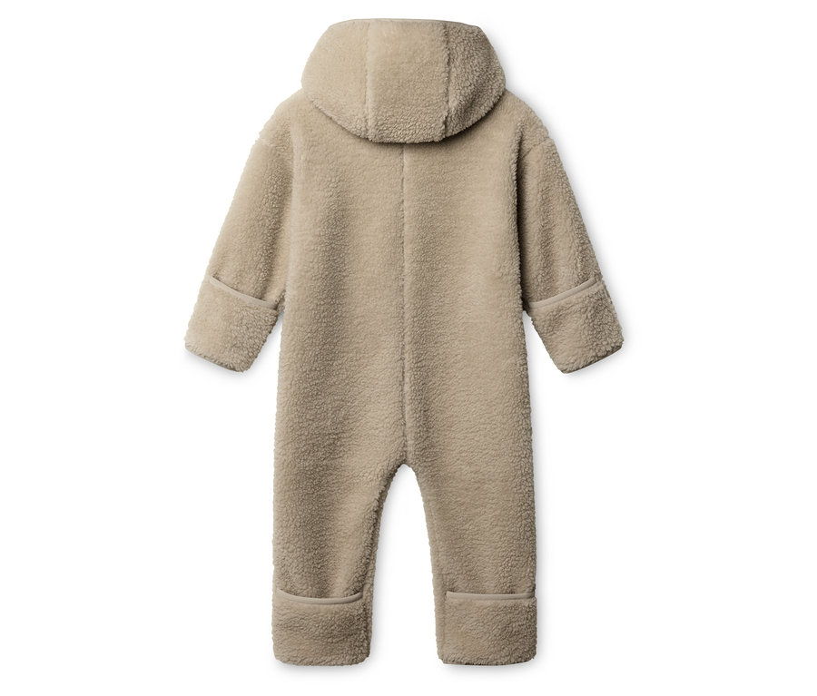 Vue arrière d'une combinaison intégrale beige en polaire teddy avec capuche.