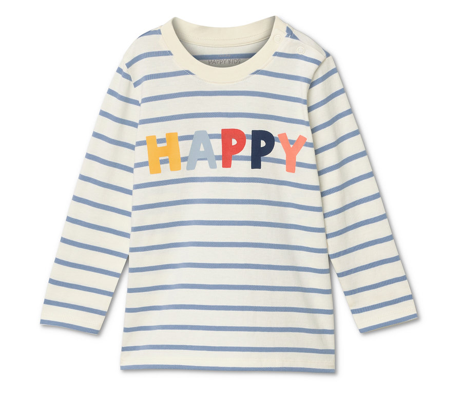 T-shirt à manches longues rayé bleu et blanc avec le mot HAPPY en lettres colorées.