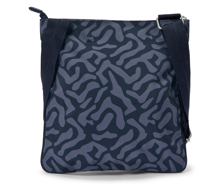 Sac bandoulière bleu à motif abstrait.