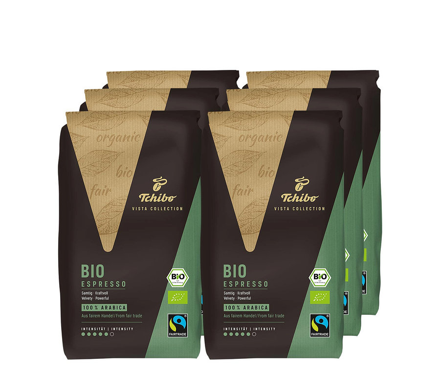 Six paquets de café en grains Vista Collection Bio Espresso – 6x 1 kg.