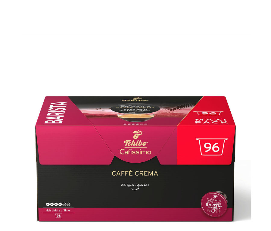 Grand paquet noir et magenta de 96 capsules de café Tchibo Cafissimo Caffè Crema.