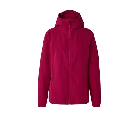 Veste softshell magenta avec capuche, fermeture éclair intégrale et poches latérales.