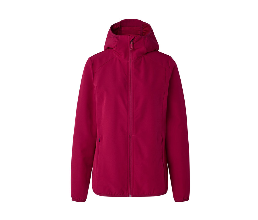 Veste softshell magenta avec capuche, fermeture éclair intégrale et poches latérales.