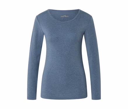 Haut bleu à manches longues avec encolure ronde, texture chinée et étiquette de marque "EVERY BODY" visible à l'intérieur du col.