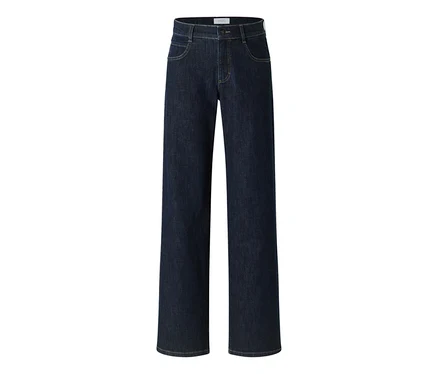 Jean bleu foncé à coupe droite avec poches avant visibles, surpiqûres contrastantes et une ceinture avec bouton et fermeture éclair.
