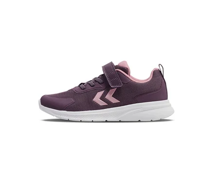 Basket hummel® « Actus Tr Bearther Jr » prune avec des accents roses et une semelle blanche, vue de côté.