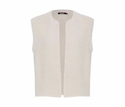 Un cardigan en maille sans manches de couleur crème, ouvert sur le devant, avec un col rond et une étiquette de marque 'olsen' visible à l'intérieur du col.