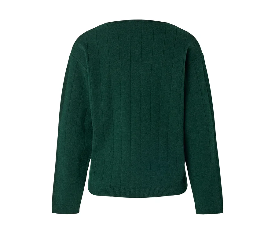 Pull côtelé vert foncé à manches longues et col en V, vu de dos.