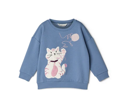 Sweat-shirt bleu avec un chat blanc jouant avec une pelote de laine rose.