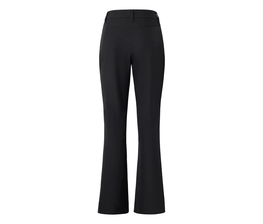Pantalon noir taille haute à jambe légèrement évasée, vu de dos.