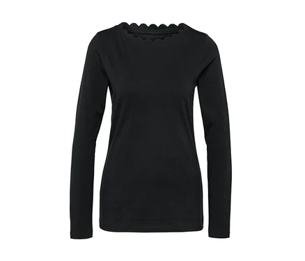 T-shirt noir à manches longues avec bordure festonnée.
