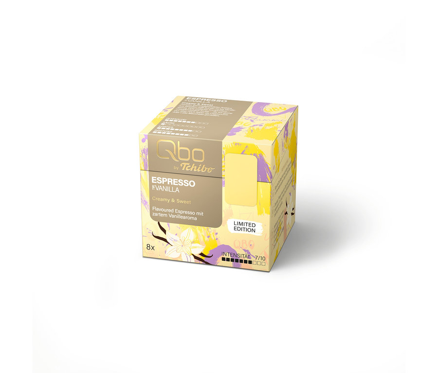 Une boîte de capsules Qbo by Tchibo Espresso Vanille avec une capsule jaune sur fond blanc.