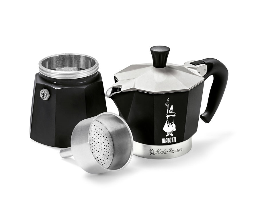 Une cafetière Bialetti Moka Express noire et argentée, démontée en trois parties.