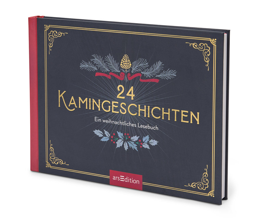 Livre "24 Kamingeschichten: Ein weihnachtliches Lesebuch" sur fond bleu foncé avec écriture dorée et motifs de Noël.