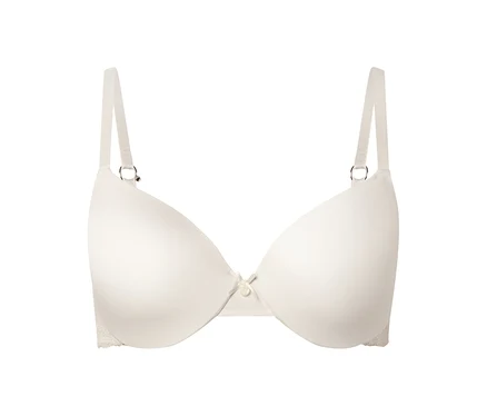 Soutien-gorge couleur ivoire à armatures et bretelles réglables, centré sur un fond blanc.