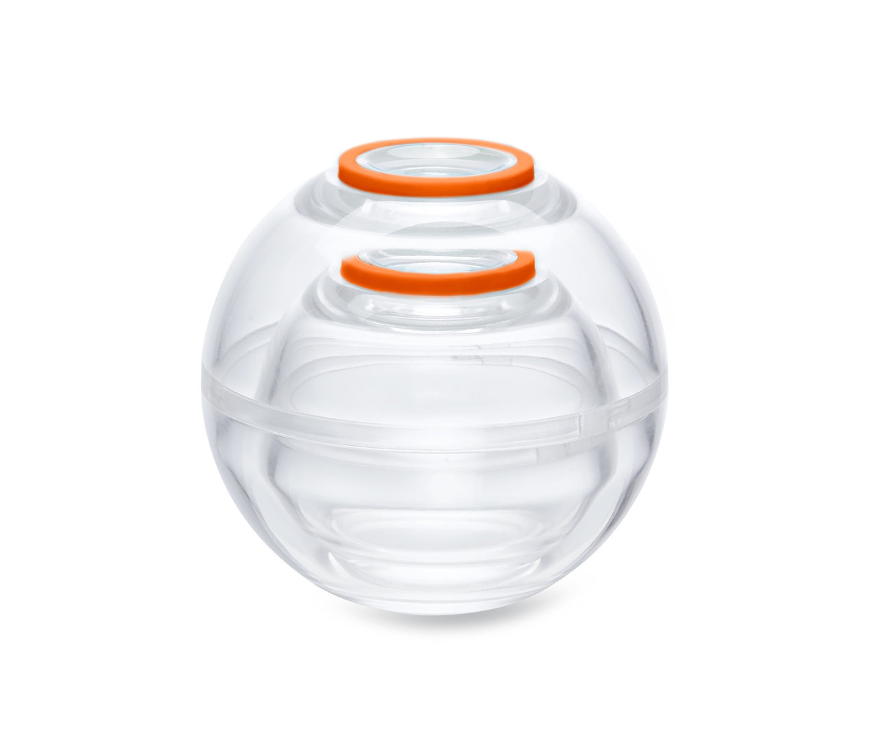 Deux boules de conservation transparentes avec des couvercles orange, l'une dans l'autre.