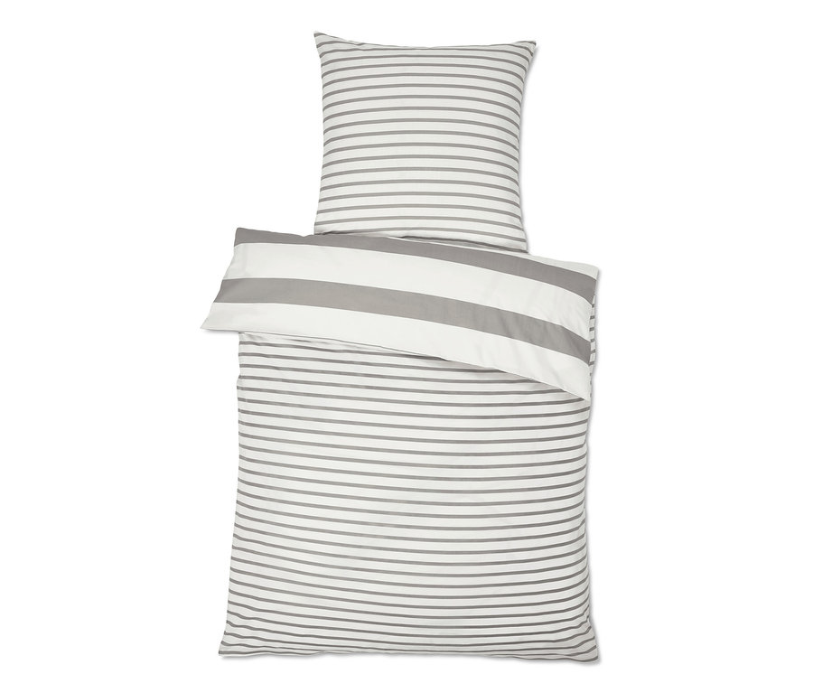 Parure de lit en percale blanche avec des rayures grises, comprenant une taie d'oreiller.