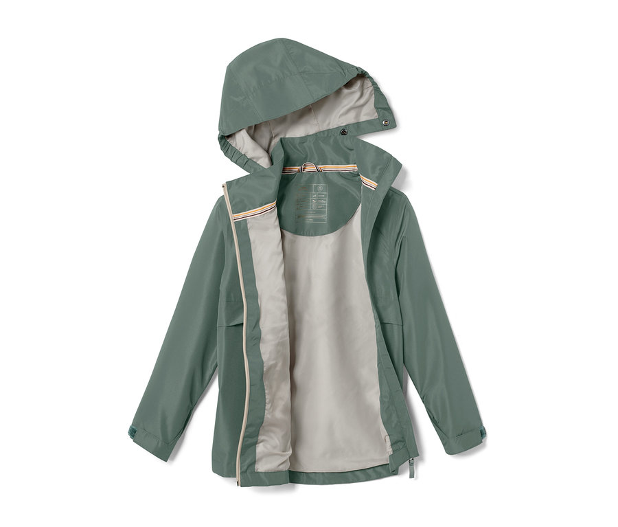 Veste ouverte verte pour tous les temps, posée à plat.