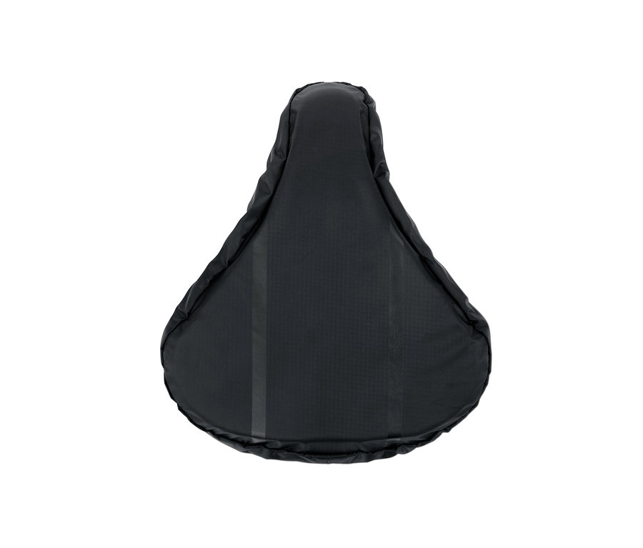 Une housse de selle 2 en 1 noire sur fond blanc.