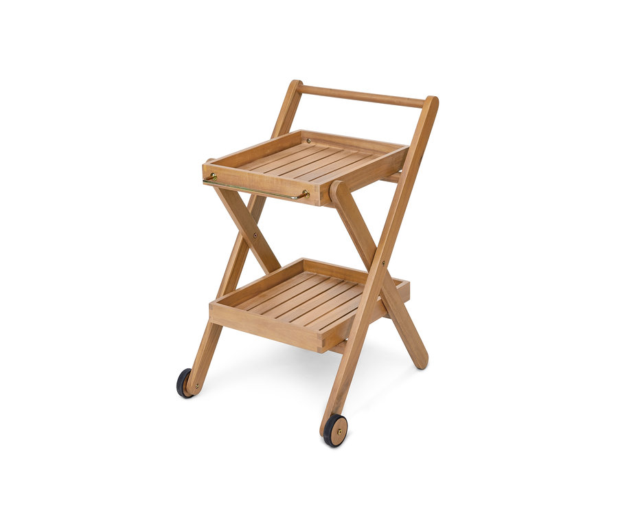 Petit chariot pour barbecue « Lenja » avec deux étagères en bois marron et des roues.