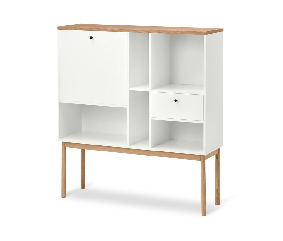 Secrétaire blanc Bekeson avec dessus et pieds en bois.