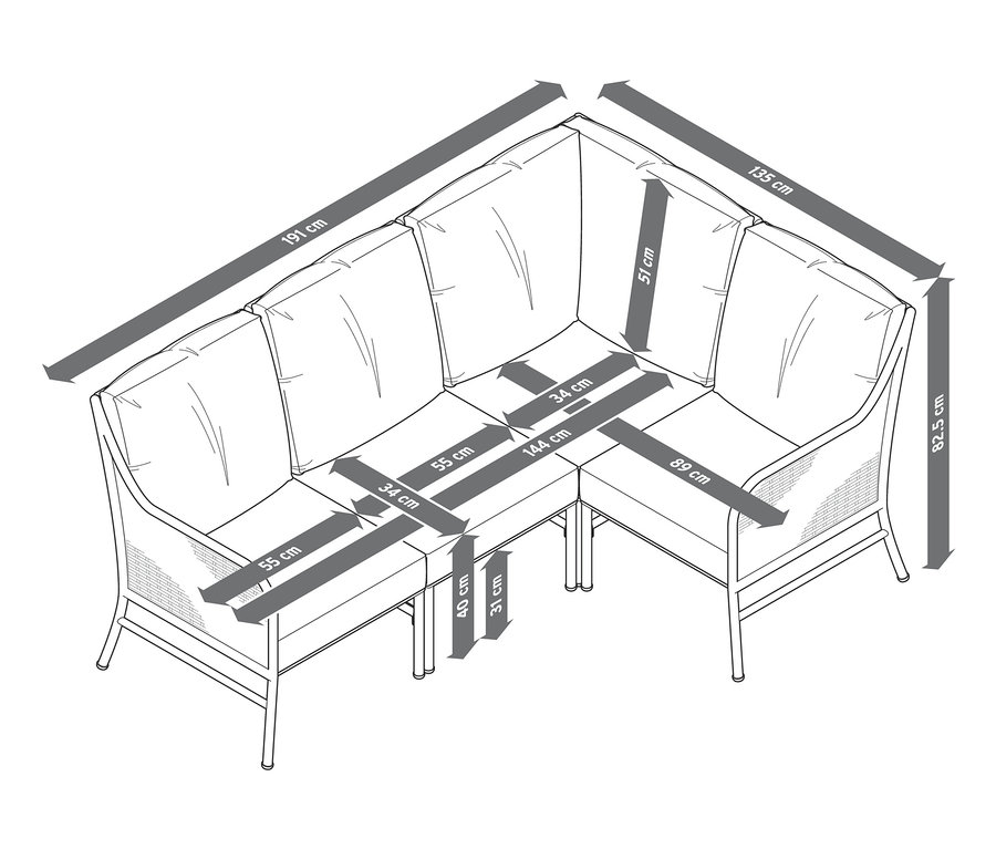 Schéma d'un canapé d'angle avec tressage en polyrotin et dimensions.
