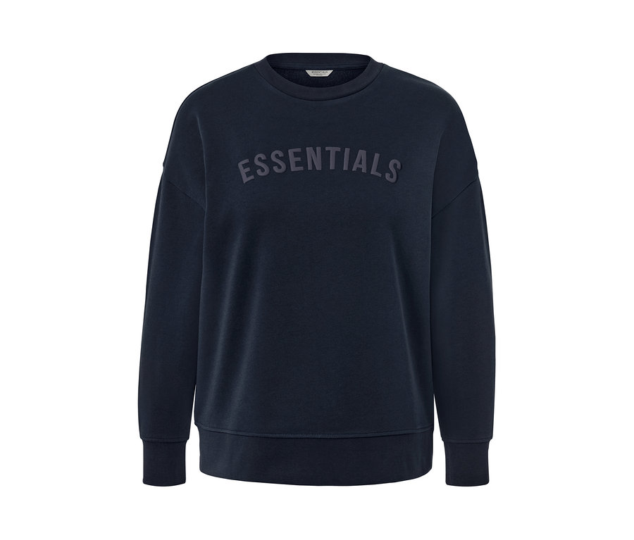 Sweat-shirt bleu foncé avec l'inscription "essentials" au centre.