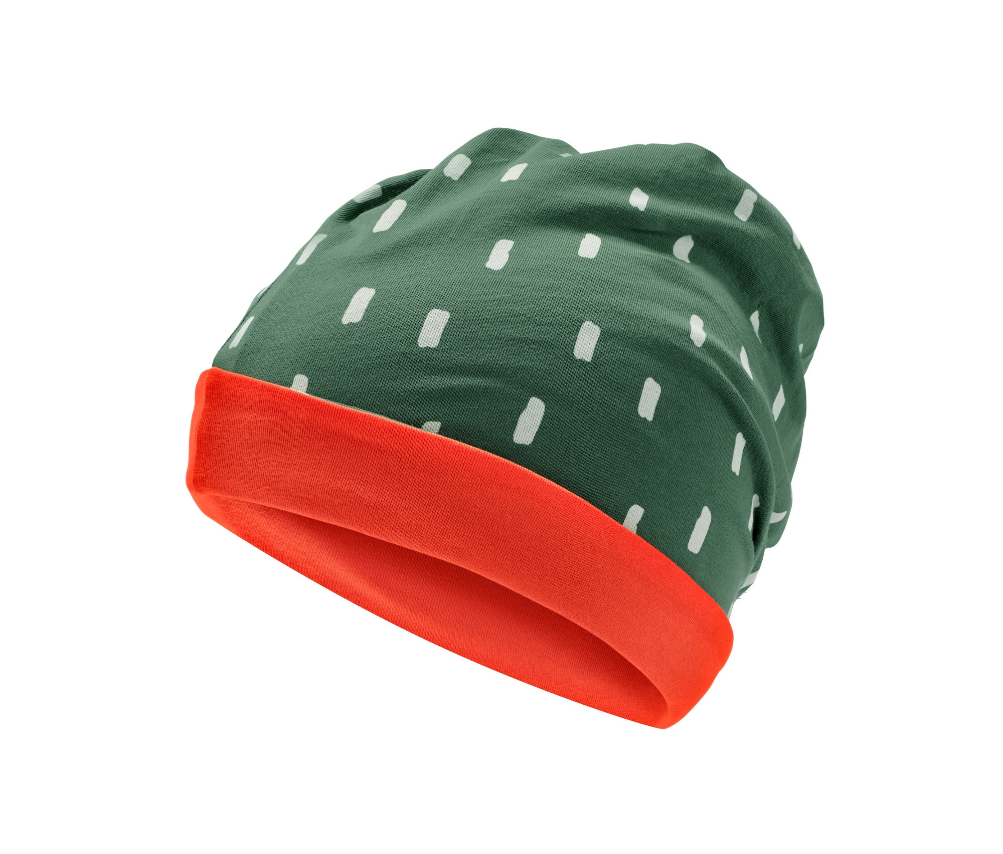 Un bonnet réversible vert avec des détails blancs et un bord orange.