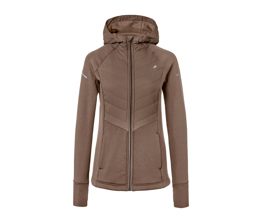 Veste thermique à capuche marron avec fermeture éclair.