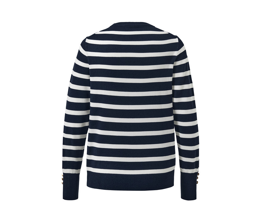Vue détaillée de l'arrière d'un pull en tricot fin rayé bleu marine.
