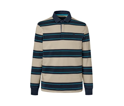 Polo à manches longues rayé beige et bleu marine.
