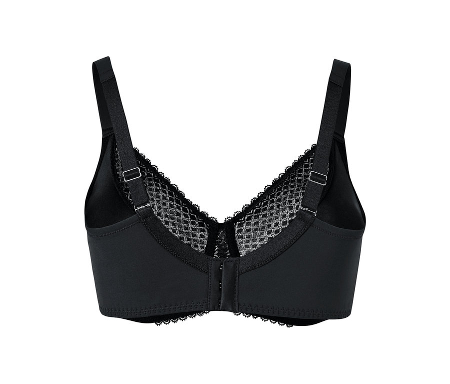 Soutien-gorge minimiseur noir avec détails en dentelle.