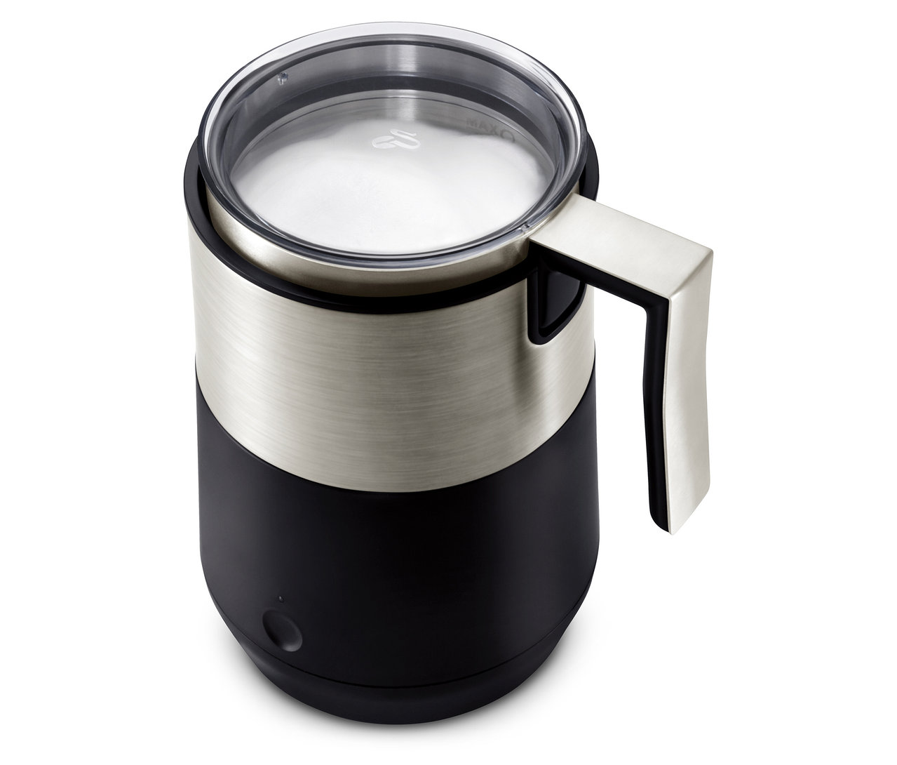 Un mousseur à lait à induction noir avec un couvercle transparent.