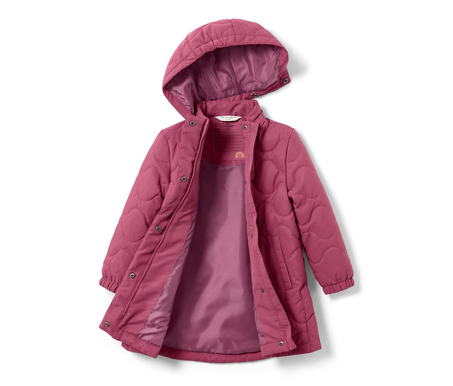 Manteau matelassé pour enfant mauve ouvert avec capuche.