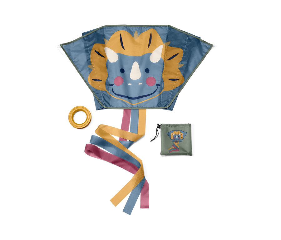 Cerf-volant de poche bleu avec un visage de dinosaure, un cercle jaune et un étui.