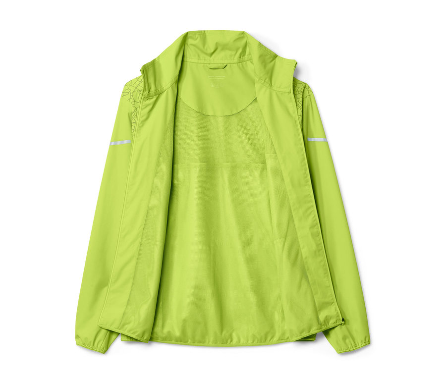 Veste de course coupe-vent ouverte, vert fluo.