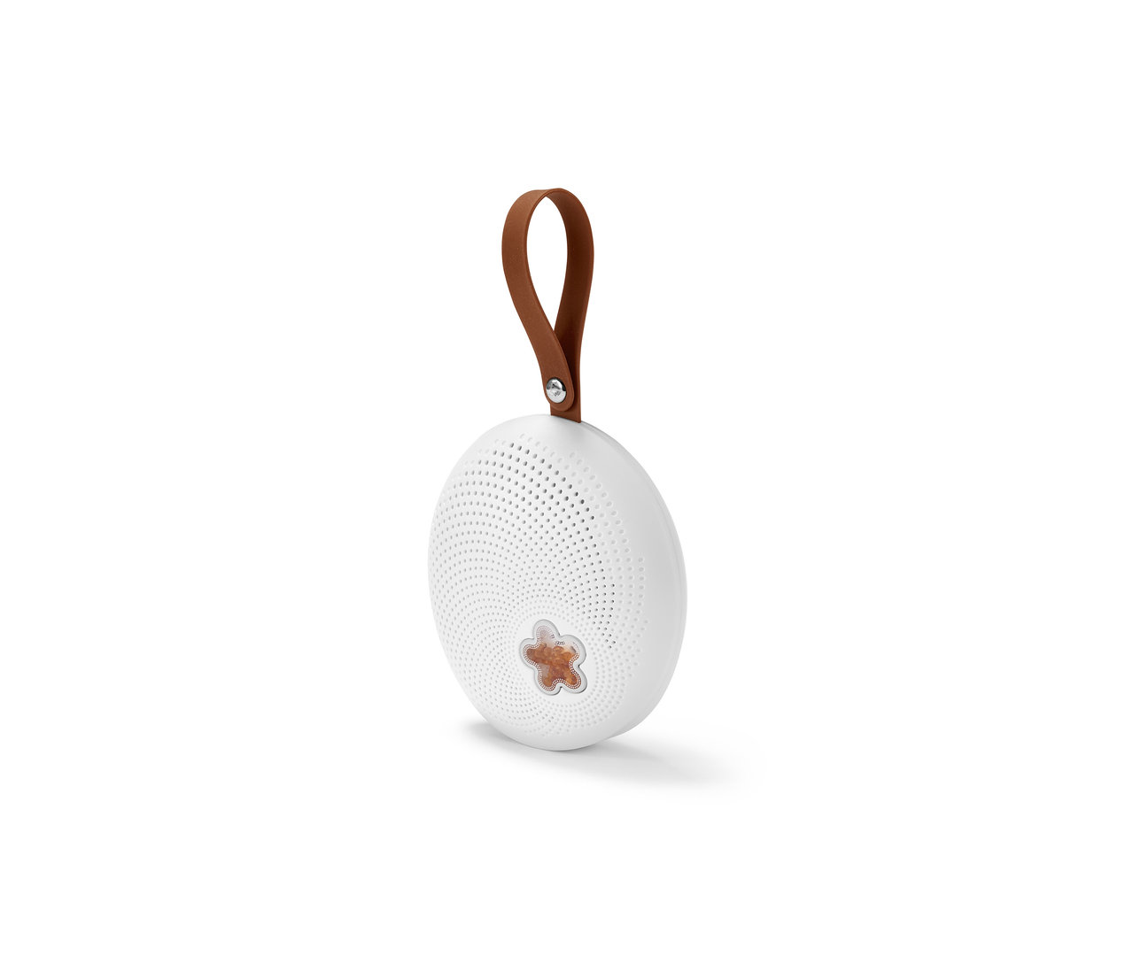 Déshumidificateur d’air mobile blanc avec une lanière en cuir marron.