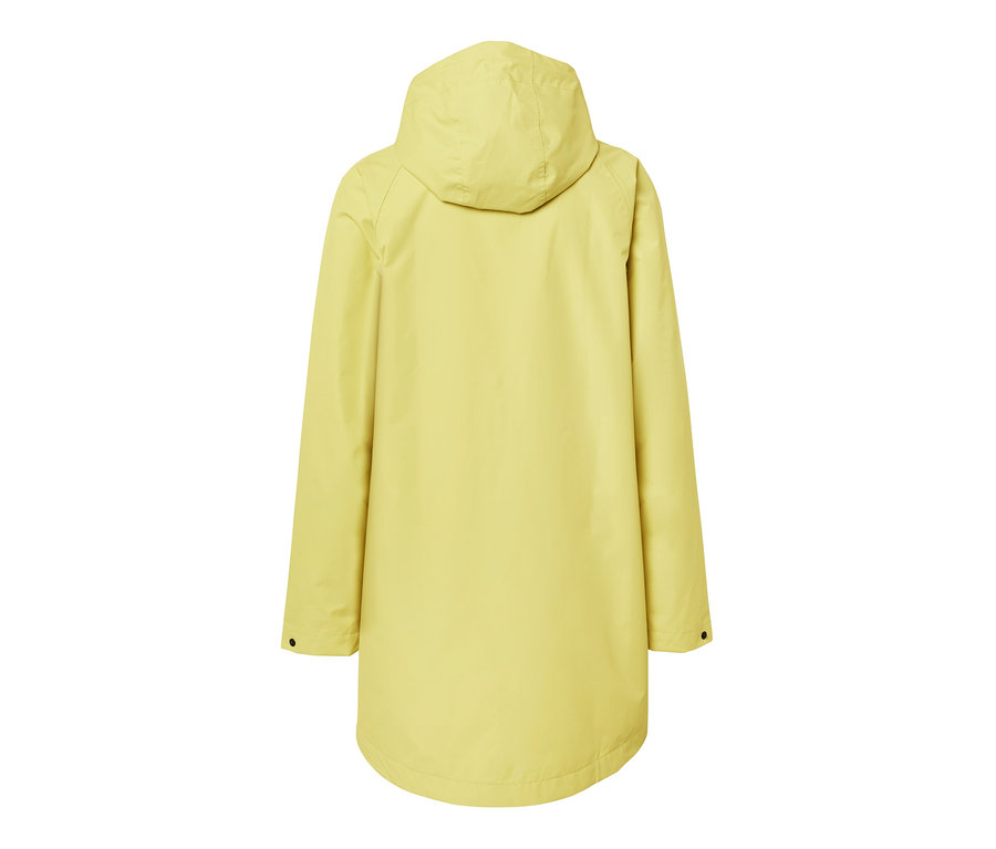 Vue arrière d'une veste de pluie jaune avec capuche.