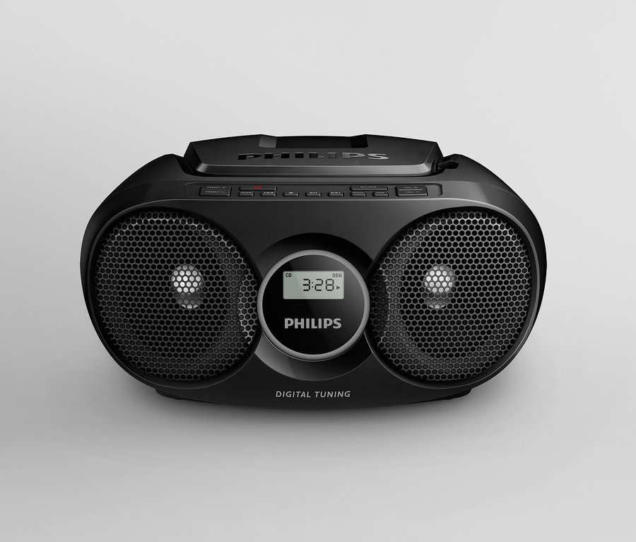 Boombox CD Philips « AZ215 », noir, sur fond gris.