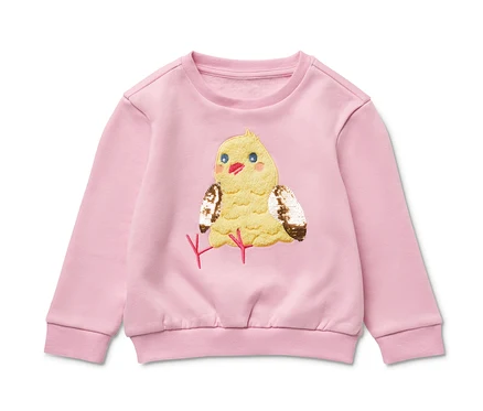 Sweat-shirt rose pour enfant avec intérieur gratté et appliqué poussin jaune.