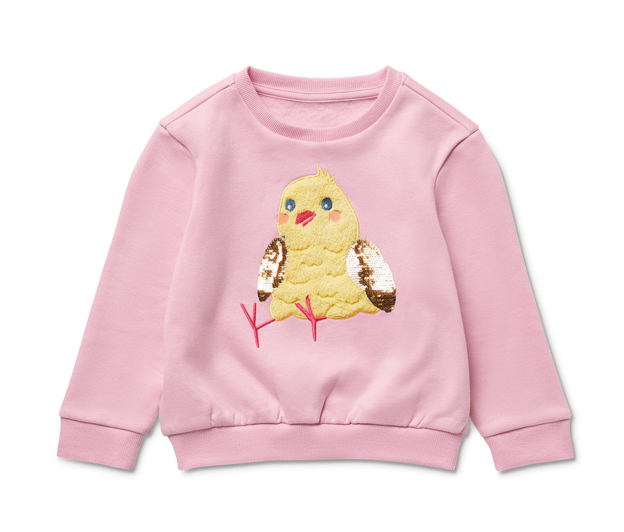 Sweat-shirt rose pour enfant avec intérieur gratté et appliqué poussin jaune.