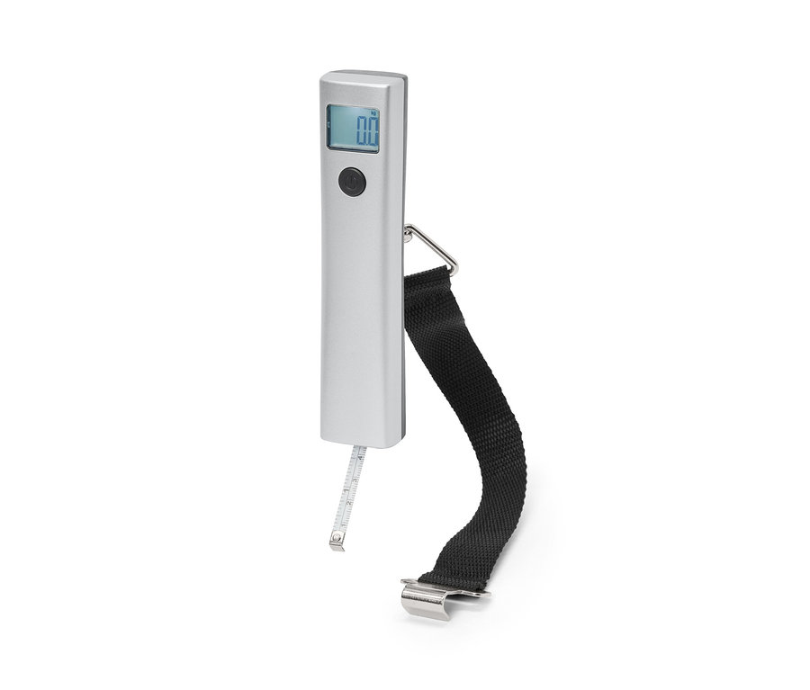 Balance numérique pour valises avec un corps argenté, un écran et une sangle noire.