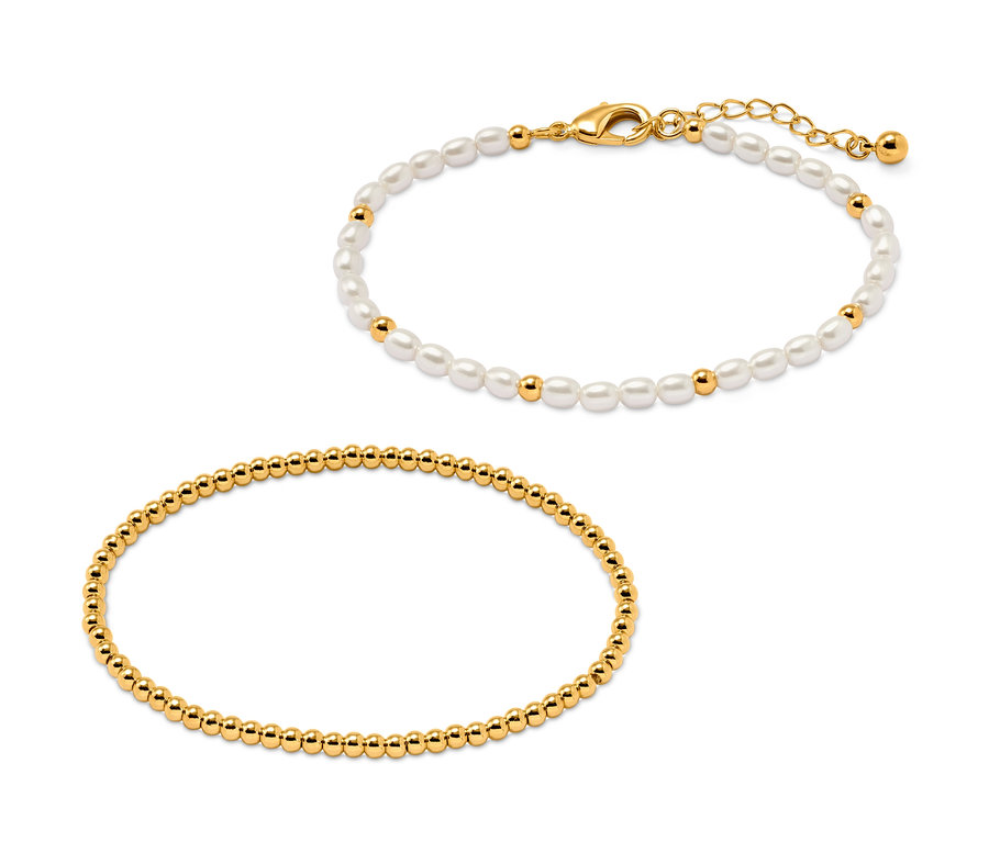 Deux bracelets : un avec des perles de verre et des boules dorées, l'autre avec des boules dorées. Jeu de bracelets avec perles de verre.