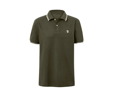 Polo en piqué vert olive avec des rayures blanches sur le col et les manches.