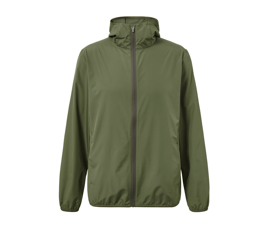 Une veste fonctionnelle ultralégère verte avec une fermeture éclair au milieu.