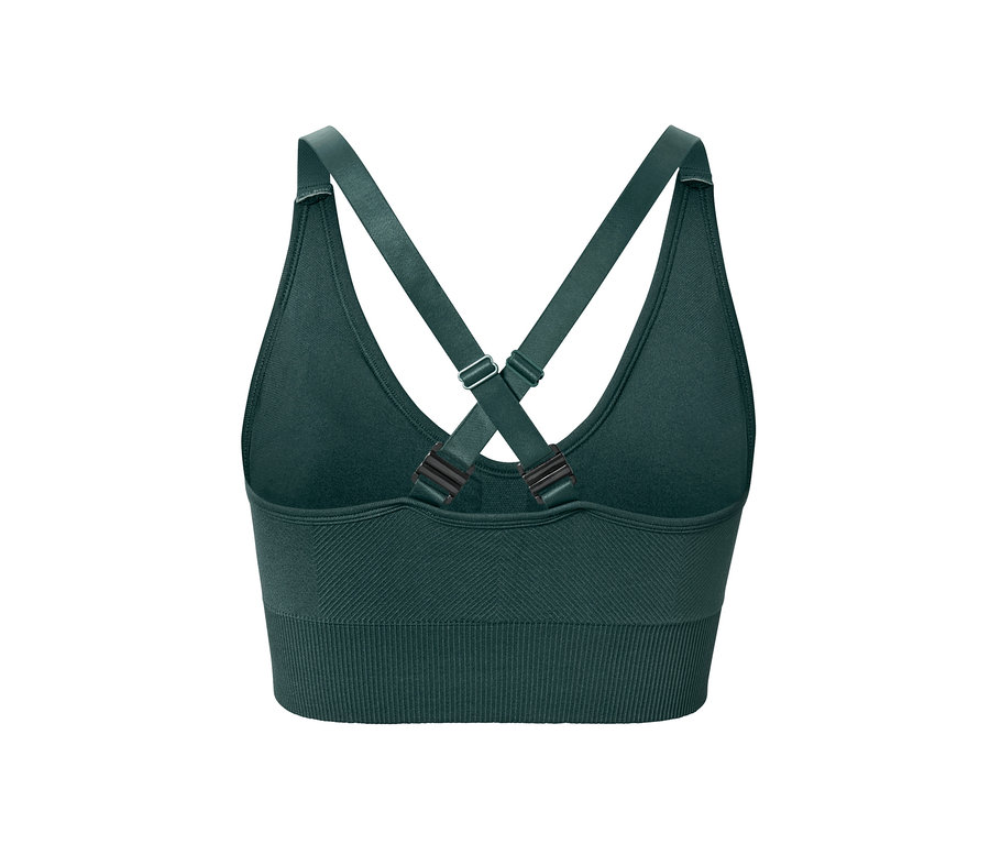 Vue détaillée de l'arrière d'une brassière de sport Seamless vert foncé.
