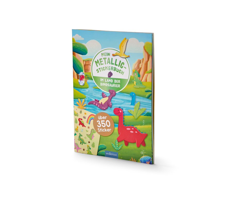 Gros plan sur Mon livre d’autocollants métallisés « Au pays des dinosaures » (en allemand).