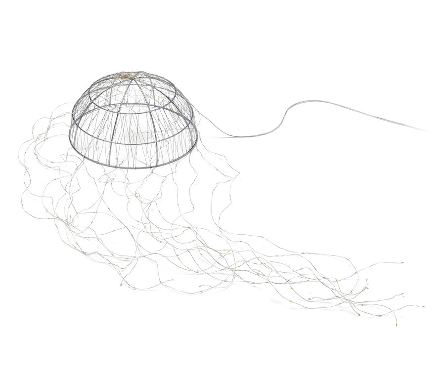 Demi-boule en fil métallique avec un faisceau lumineux LED.